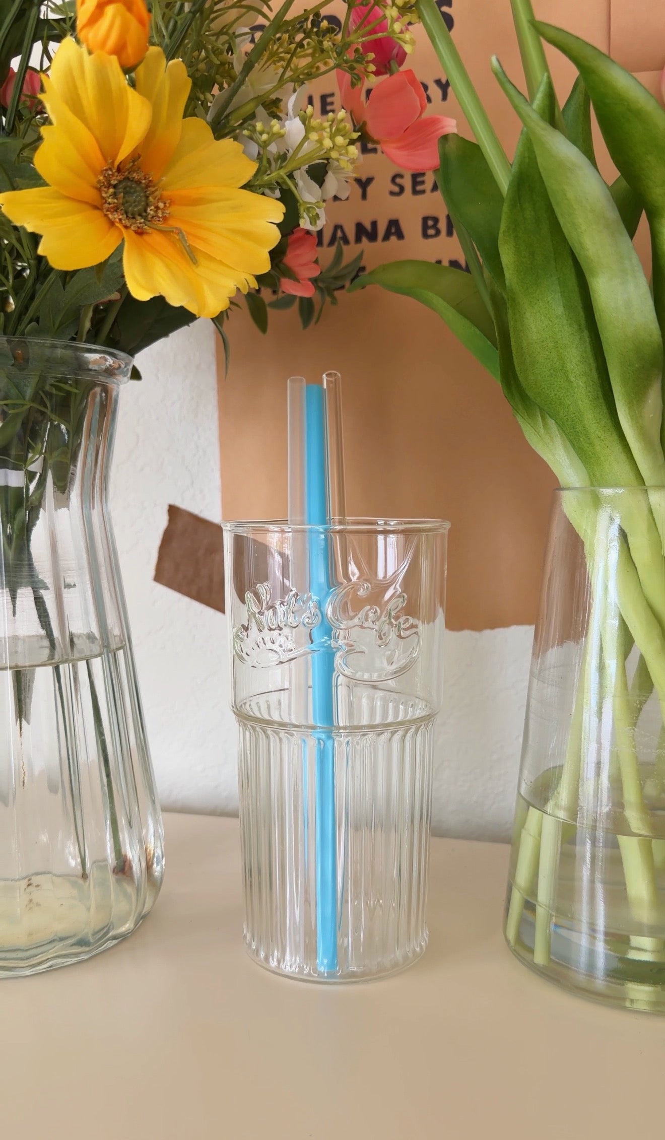 Nat's Cafe Glass Tumbler and Straw Set